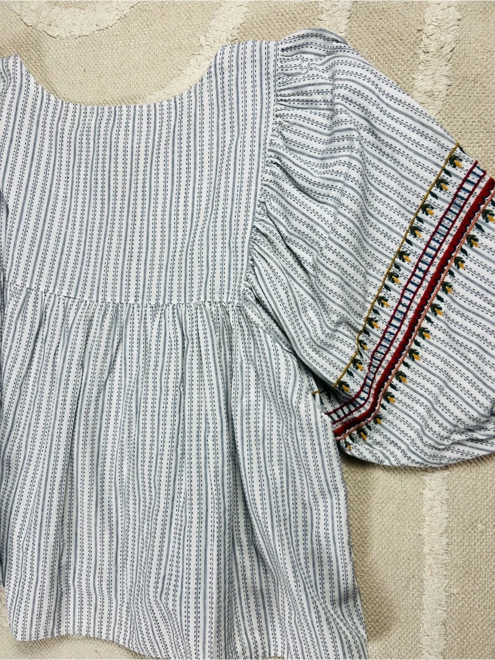 Zara TRF Embroidered Striped Peasant Blouse – Boho Blue & White – XL
